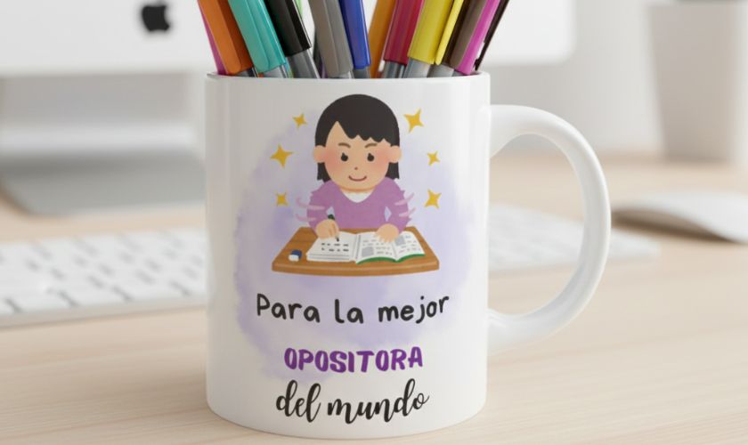 taza personalizada usada como portalápices en escritorio de trabajo