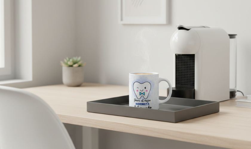 rincon de cafe en oficina en casa con taza personalizada motivadora