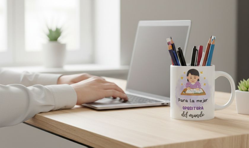 persona trabajando en escritorio ordenado con taza personalizada al lado
