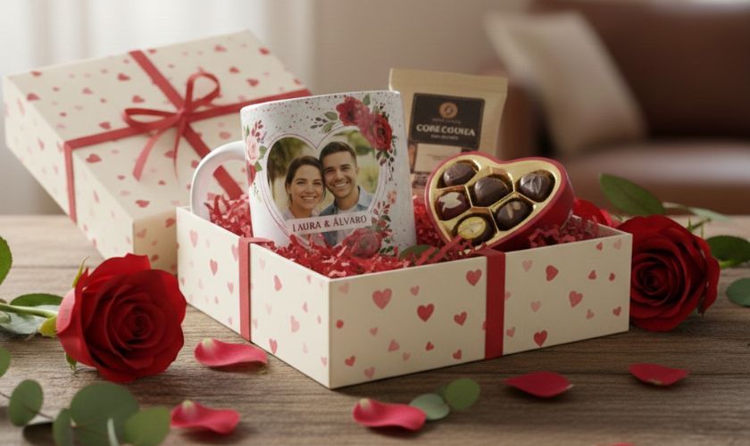 pack regalo san valentín con taza personalizada bombones y café
