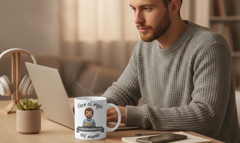Taza personalizada junto a portátil en escritorio de teletrabajo
