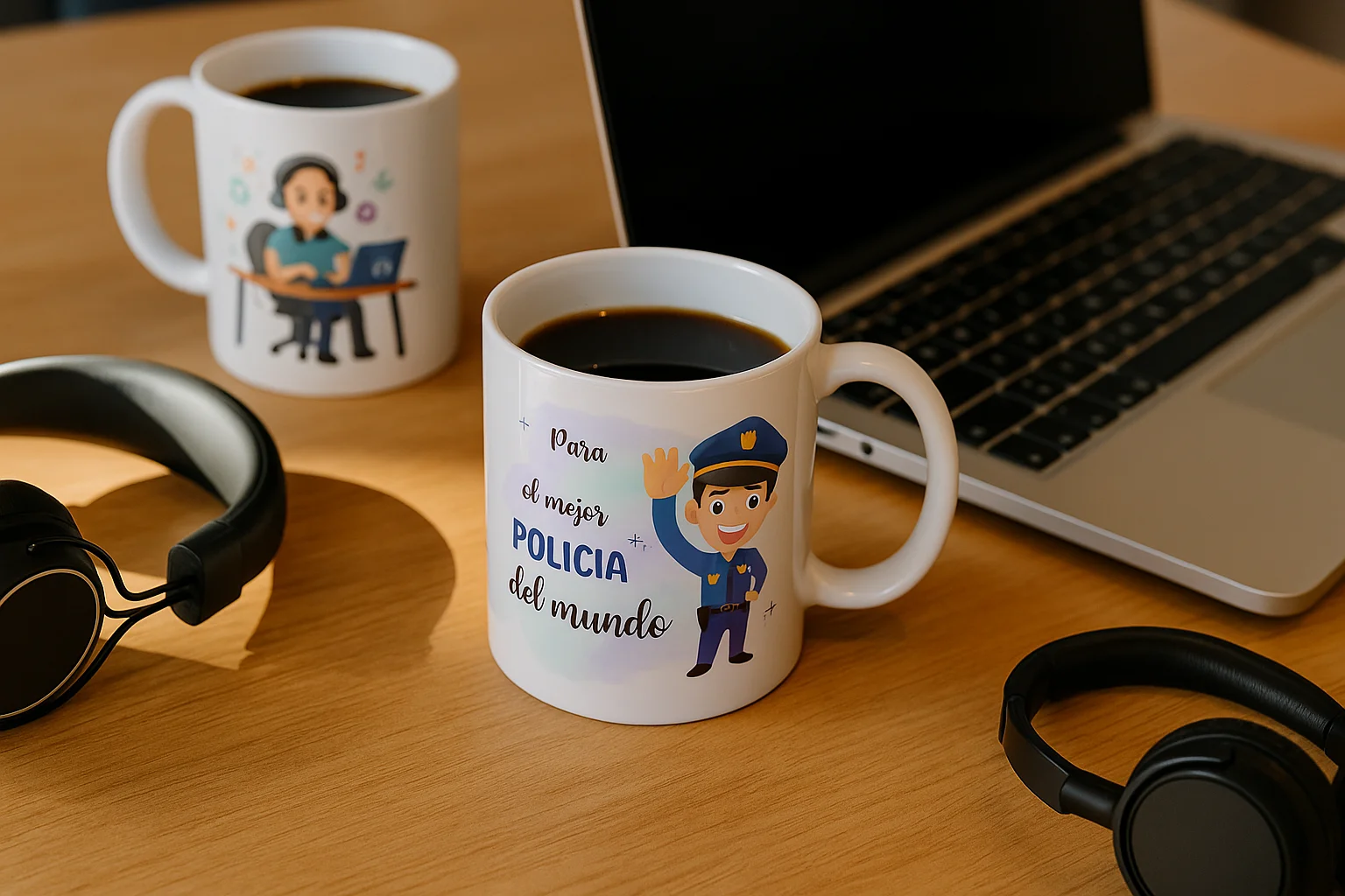 Tazas de cerámica personalizadas de profesiones con café en escritorio