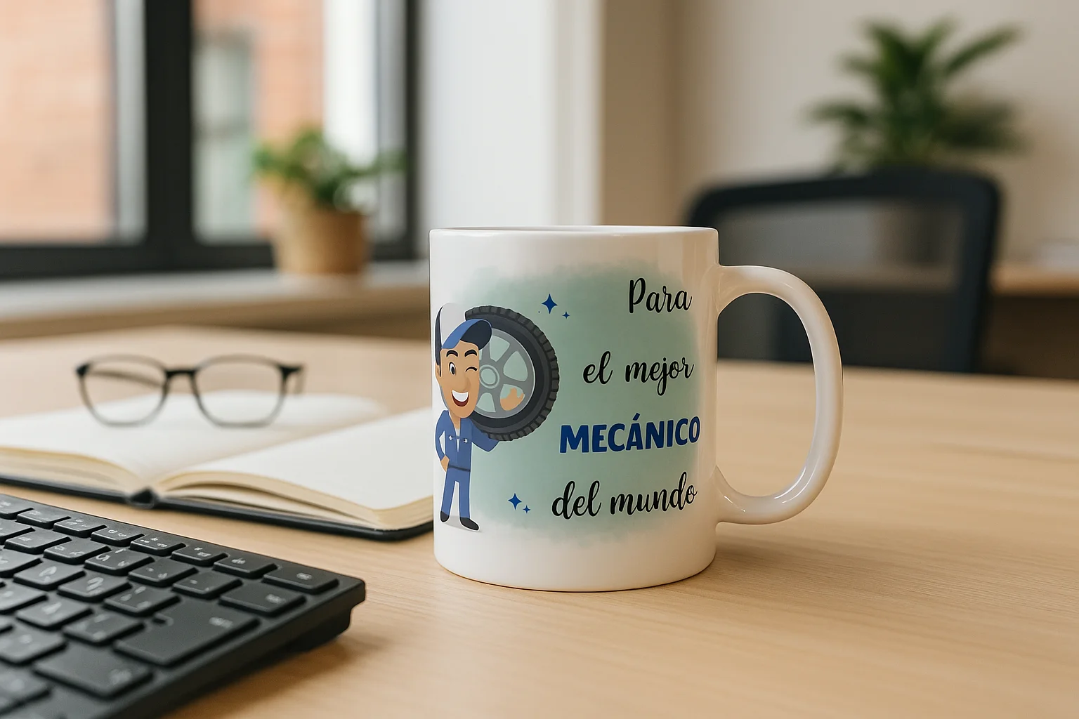 Taza de cerámica con frase motivadora en escritorio para vuelta a la rutina laboral