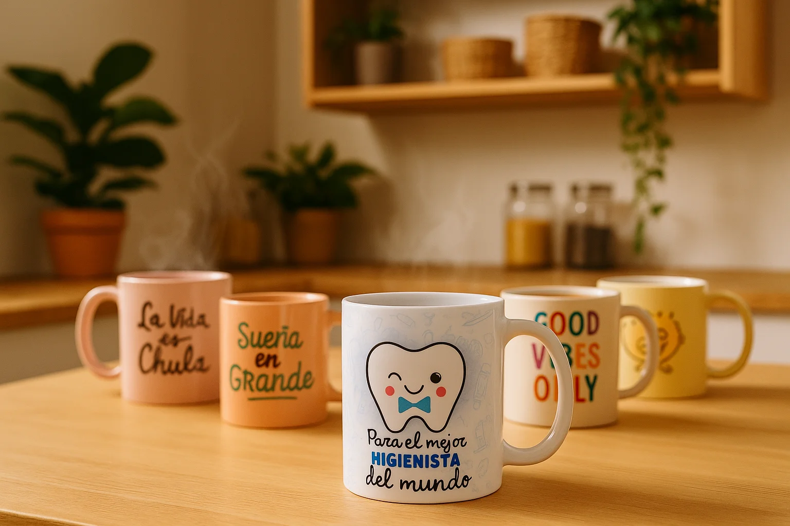 Varias tazas con frases motivadoras listas para el café en la oficina