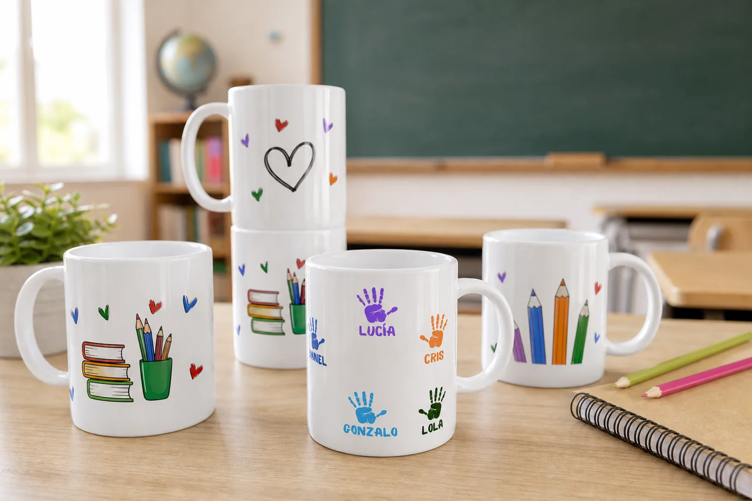 Tazas personalizadas de cerámica como regalos para profesores en un aula