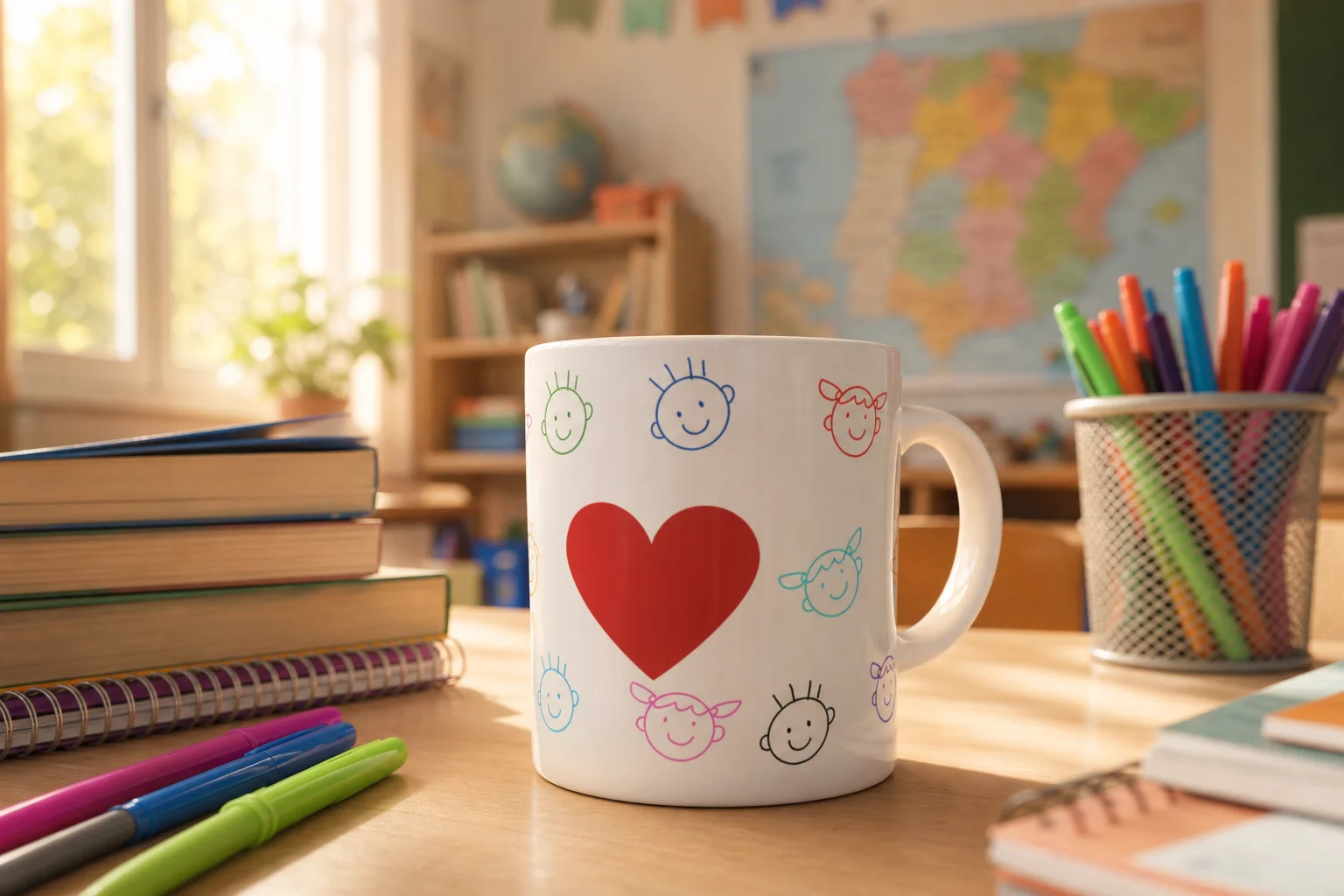 Taza con frase divertida para maestros sobre escritorio de profesor