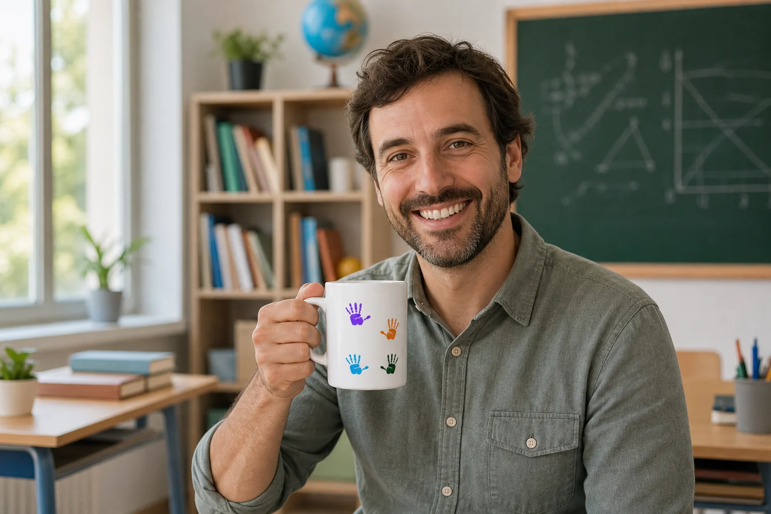 Profesor sosteniendo una taza personalizada de súper profe en el aula