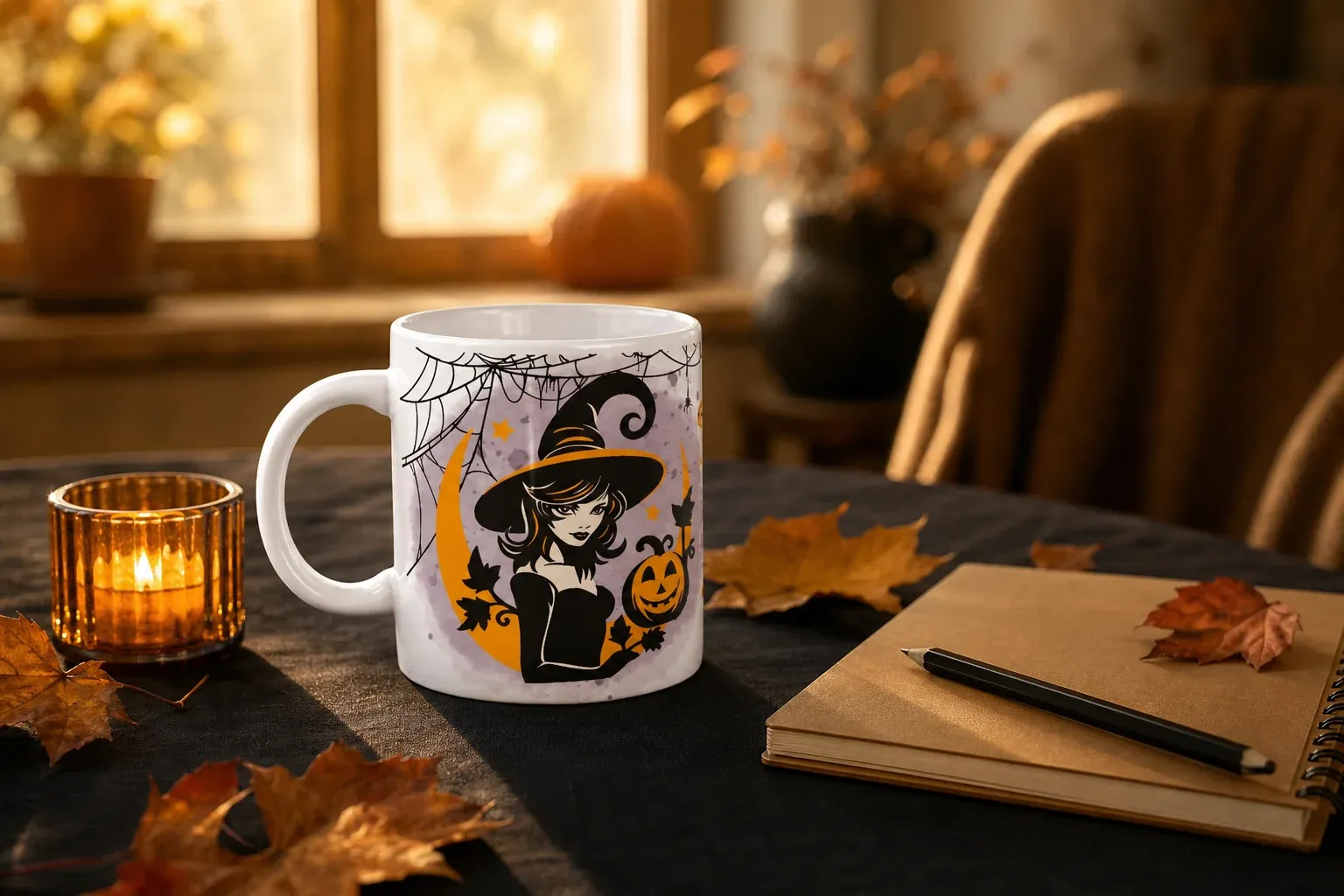 Taza de Halloween con diseño de bruja junto a una libreta con frases