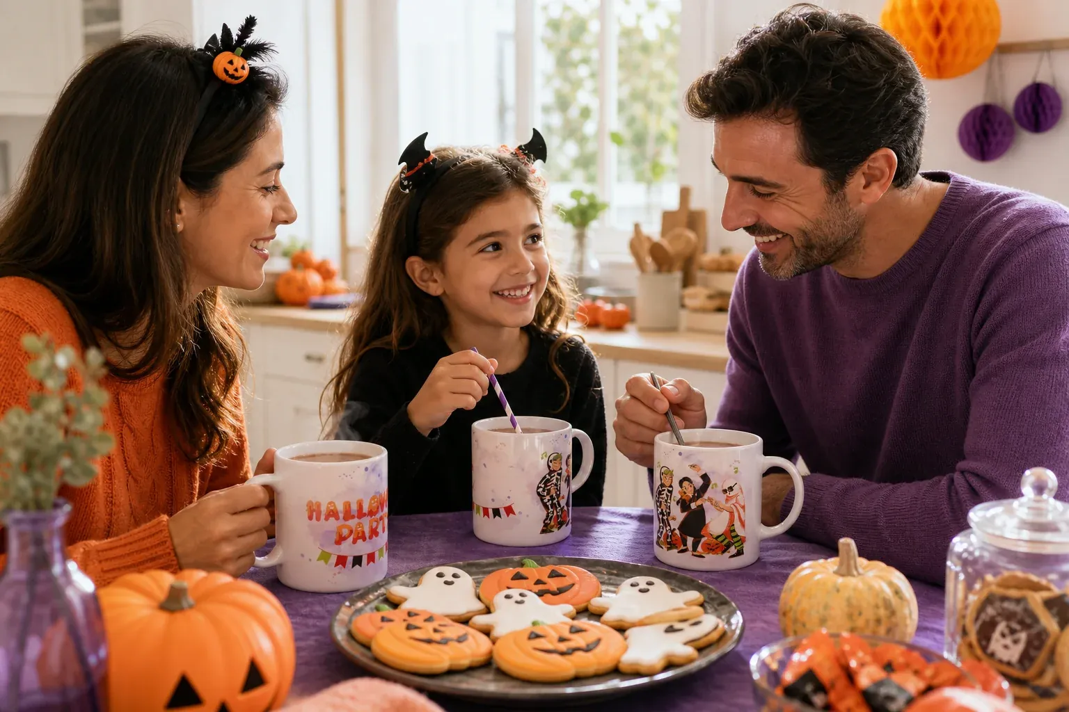 Varias tazas de Halloween personalizadas en una merienda con galletas y chocolate