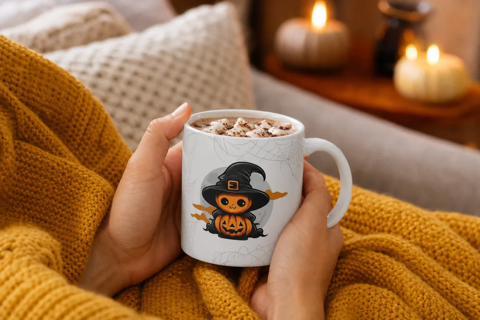 Persona sujetando una taza de Halloween personalizada con chocolate caliente