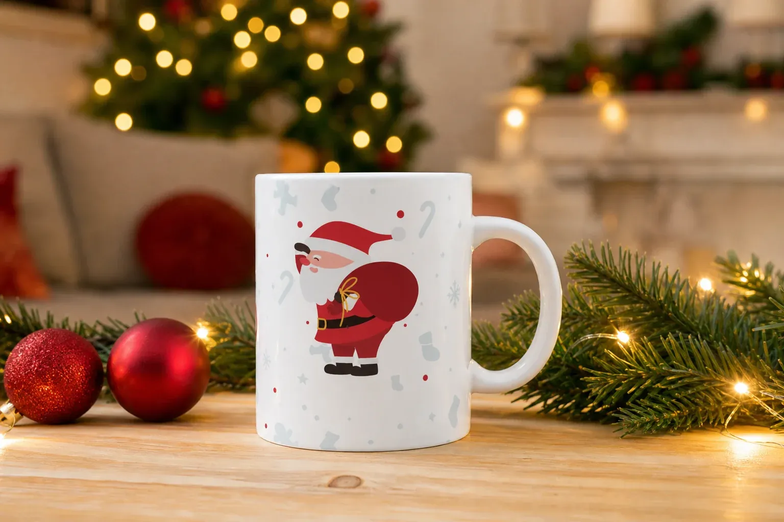 Taza de Navidad personalizada sobre una mesa con luces y ramas de abeto