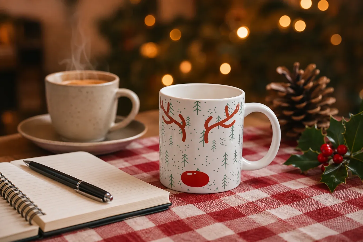 Taza de Navidad con reno junto a una libreta con frases