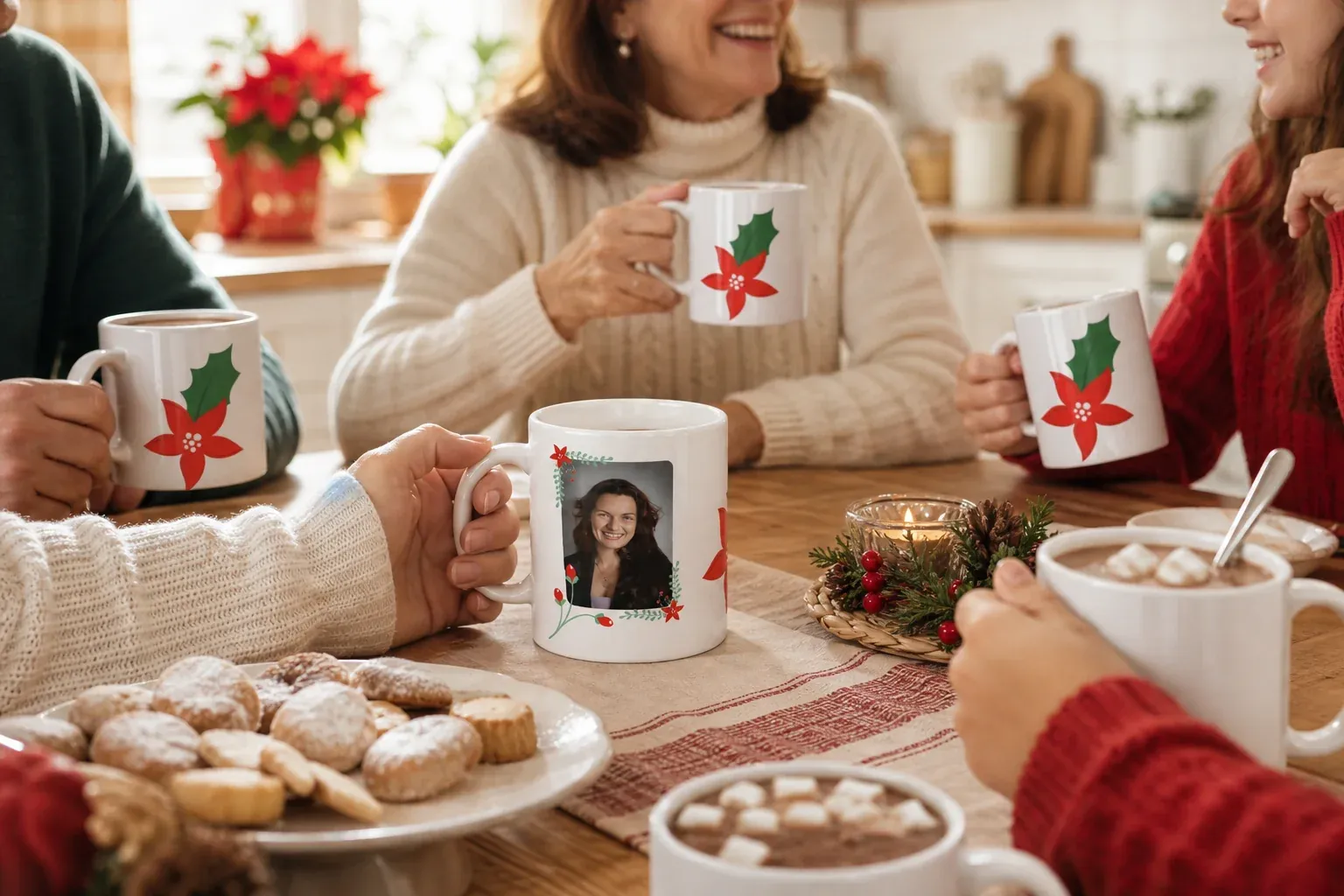 Varias tazas de Navidad personalizadas en un desayuno familiar con polvorones