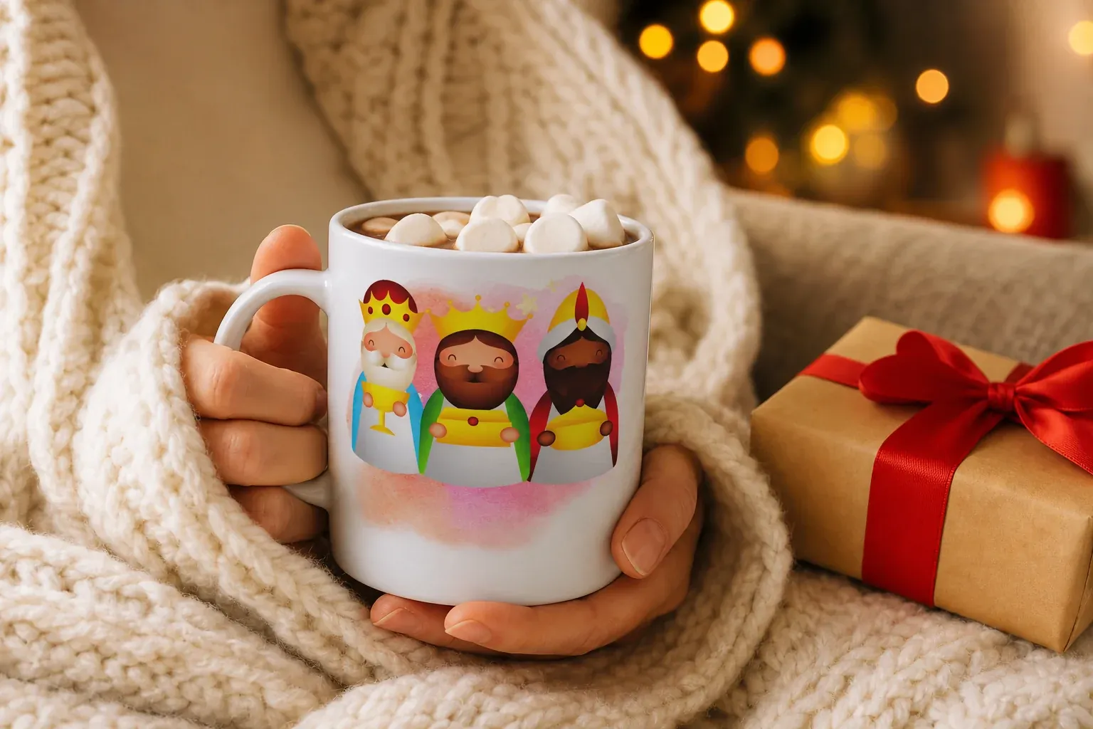 Persona sujetando una taza de Navidad personalizada junto a un regalo envuelto