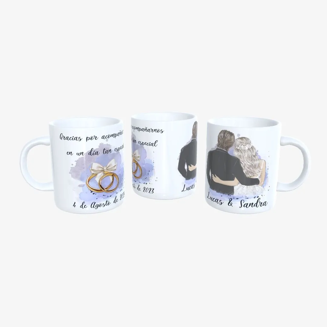 Taza Boda Busto Pareja de Espaldas con Alianza con Lazo 02.
