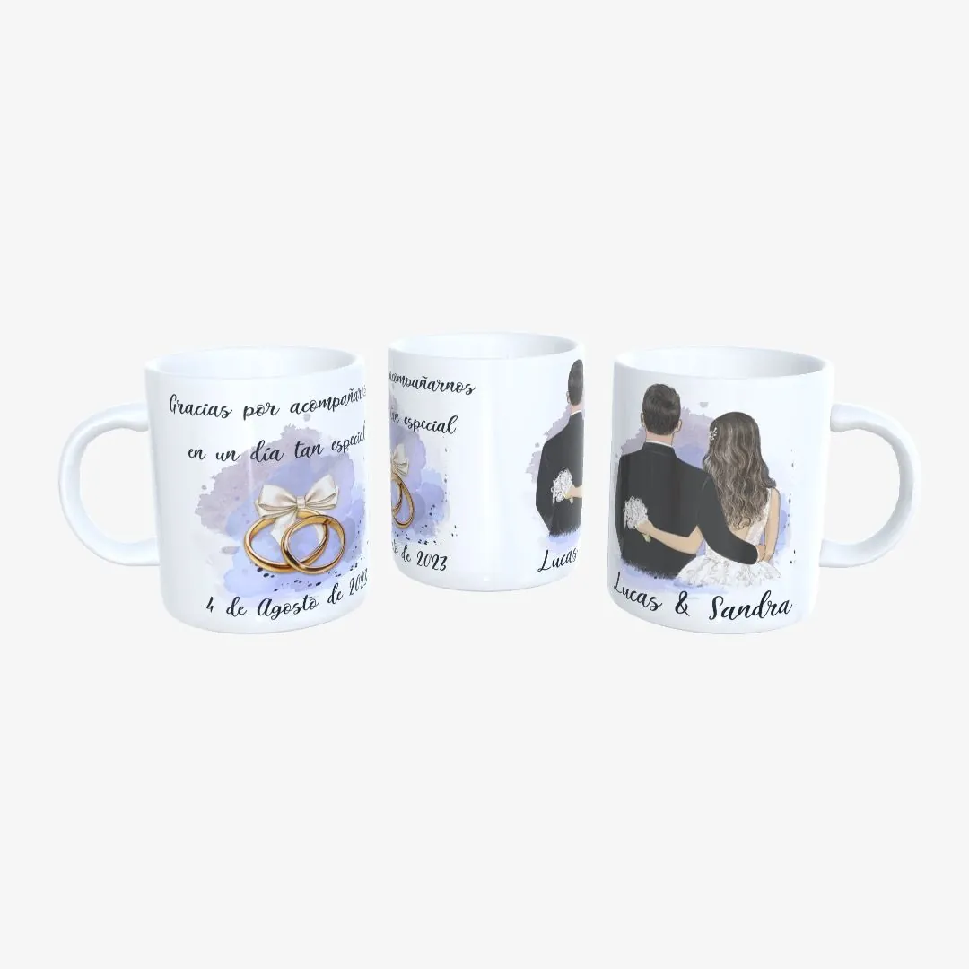 Taza Boda Pareja de Espaldas con Alianza con Lazo 01.