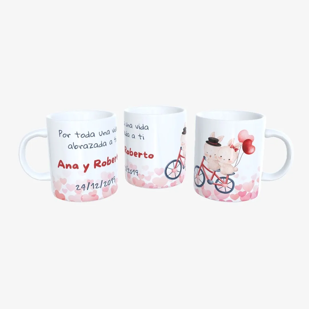 Taza San Valentín Conejitos Paseo en Bici.