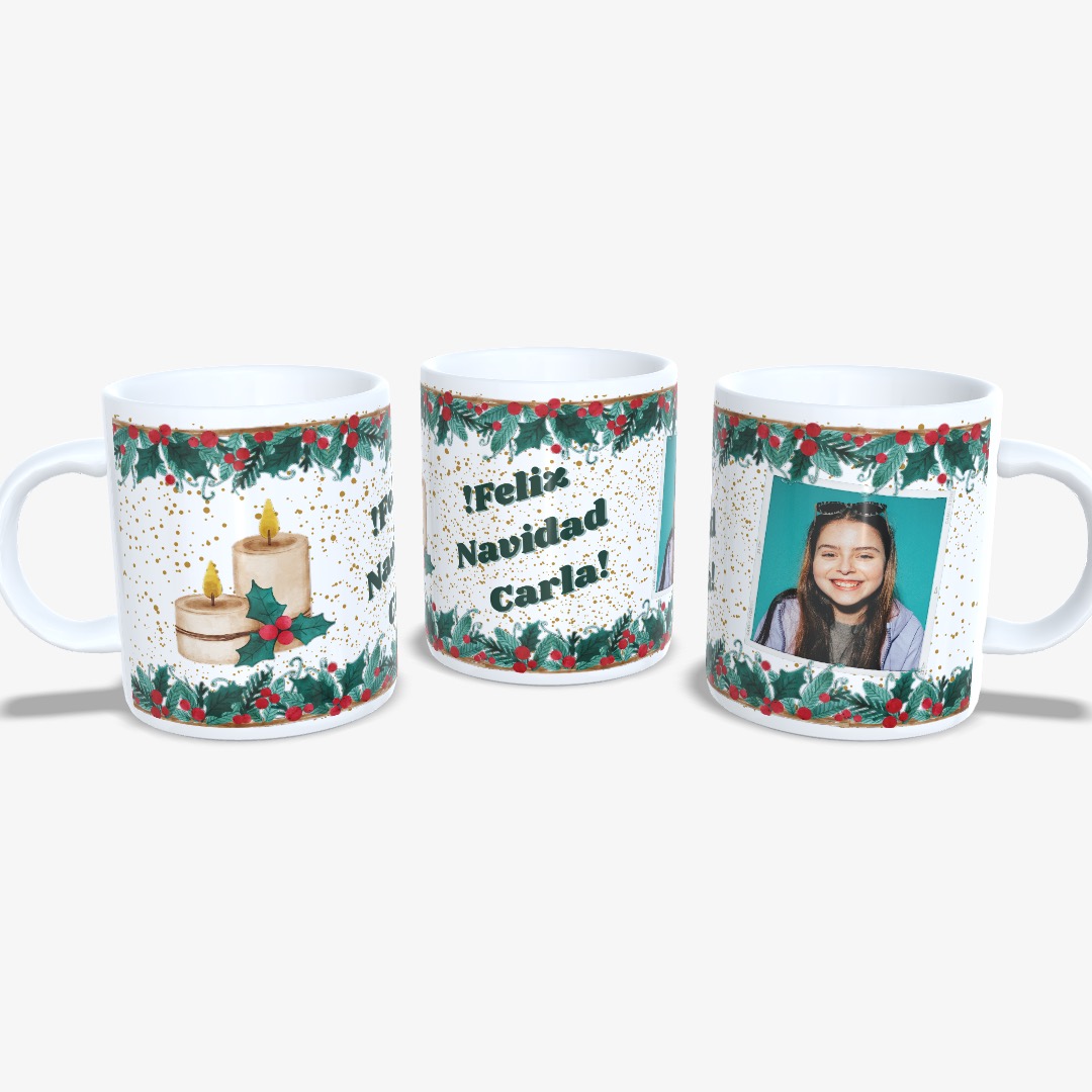 Taza Feliz Navidad Hojas Muérdago y Velas con Foto.