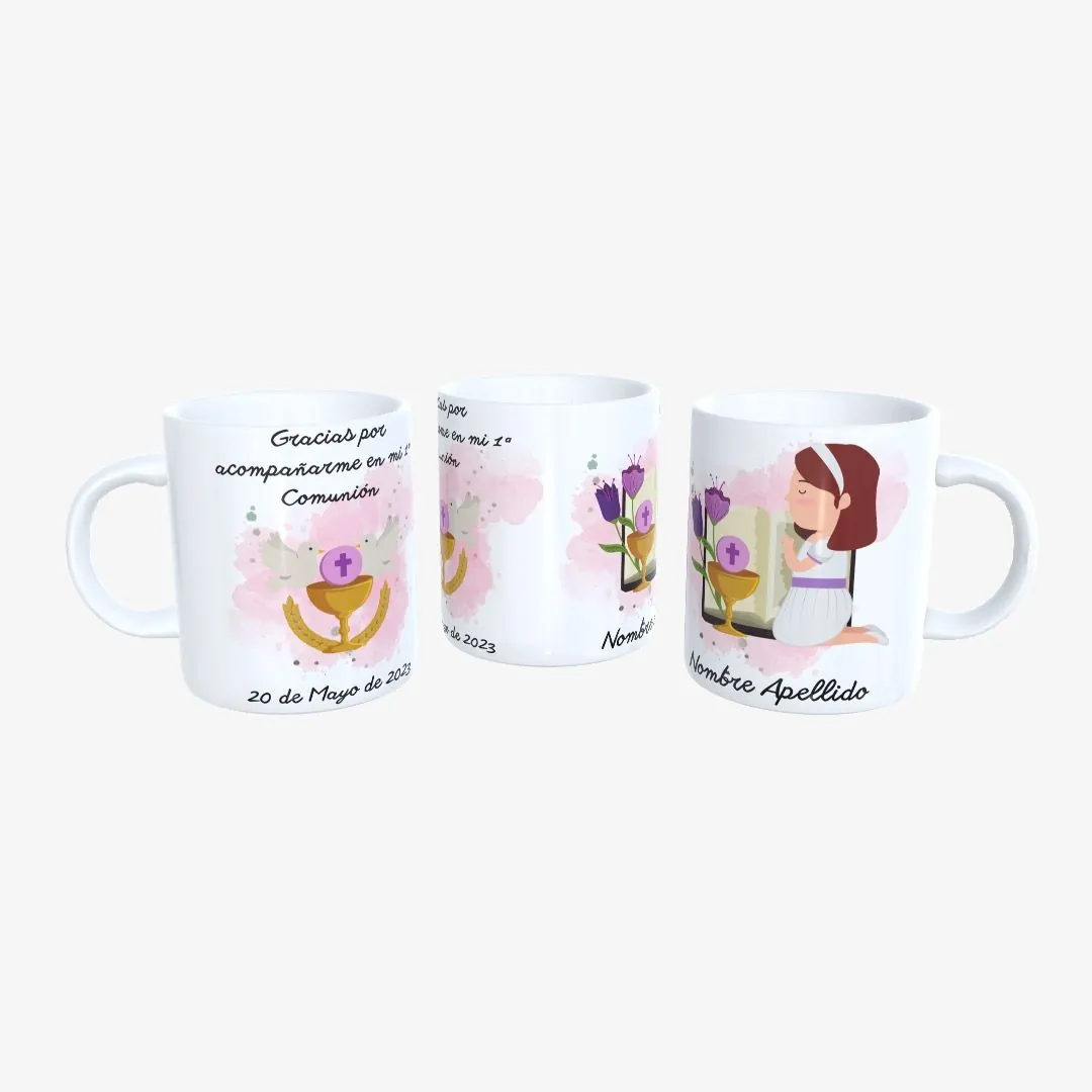 Taza Primera Comunión Niña Fondo Rosa Cáliz y Dos Palomas.