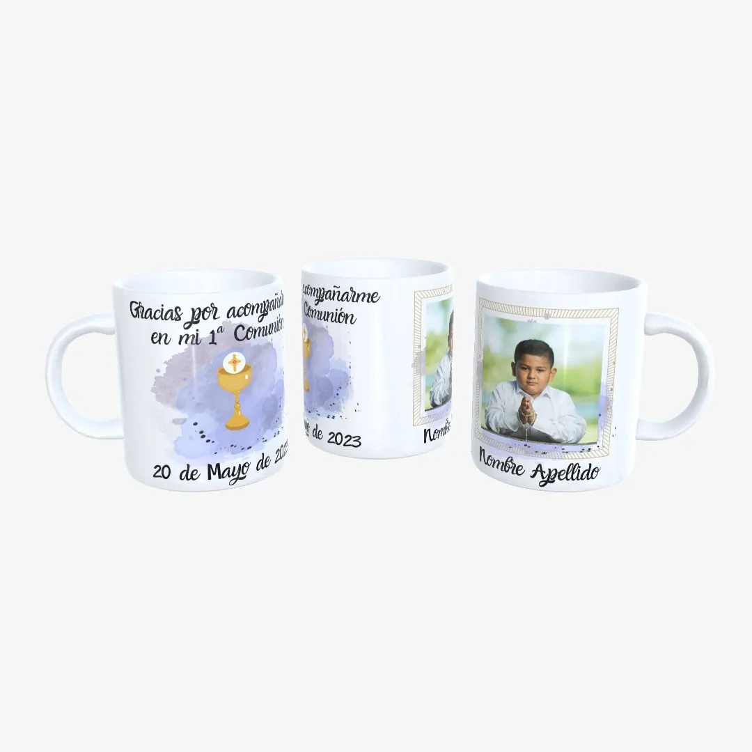Taza Primera Comunión Niño Fondo Azul y Cáliz con Foto (modelo 1).