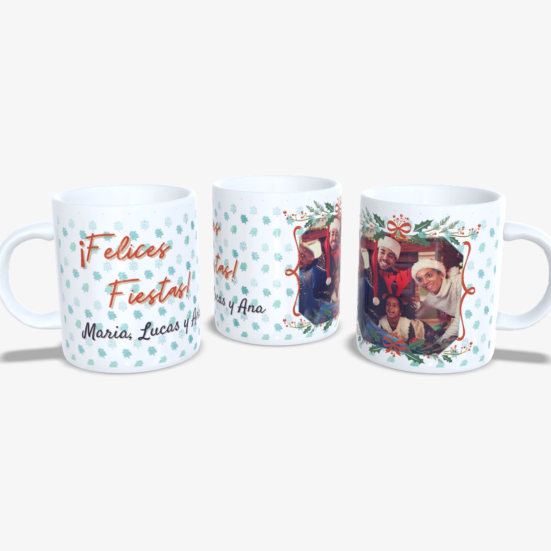 Taza Feliz Navidad Hojas Muérdago con Foto.