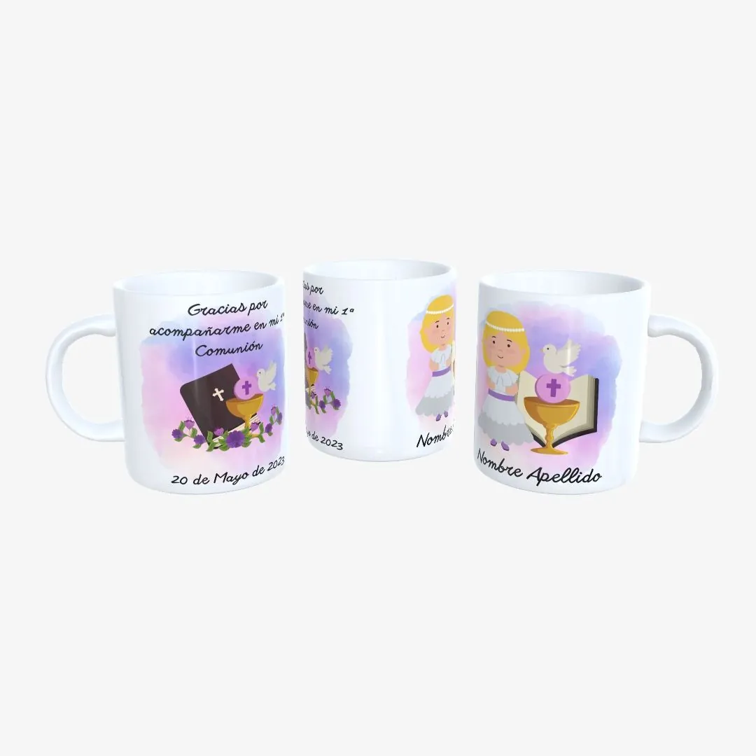 Taza Primera Comunión Niña Fondo Morado.