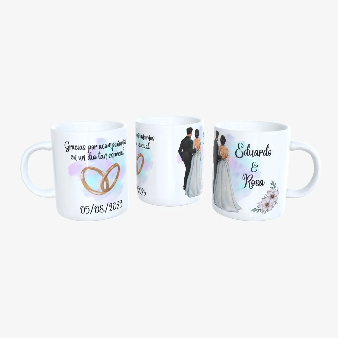 Taza Boda Pareja de Espaldas con Flores y Alianzas 01.
