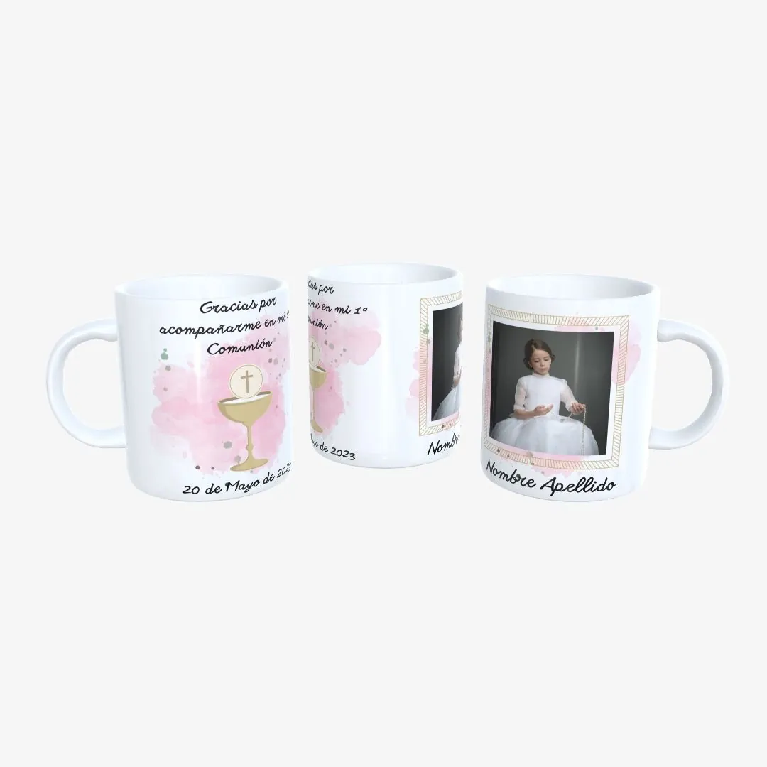 Taza Primera Comunión Niña Fondo Rosa y Cáliz con Foto (modelo 1).