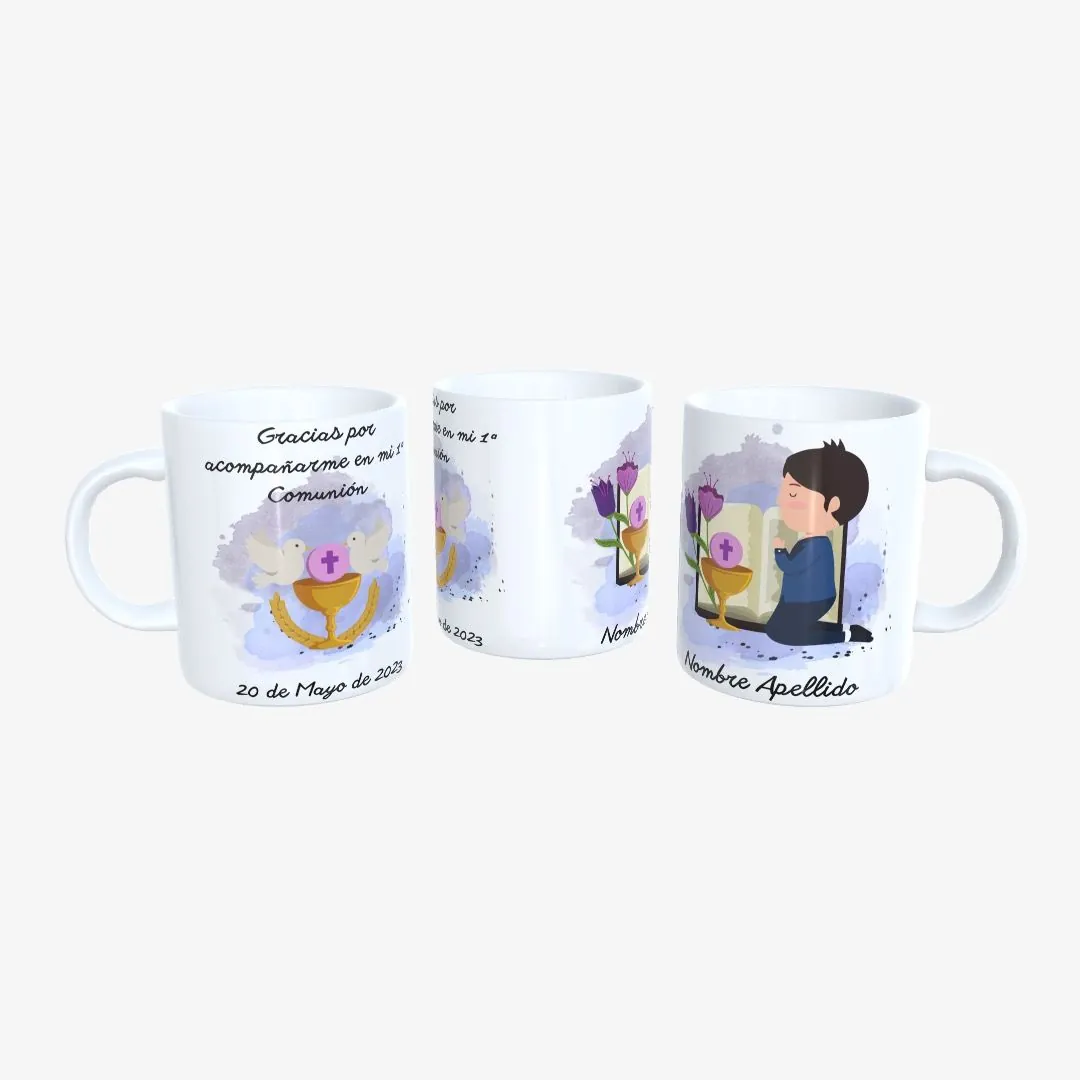 Taza Primera Comunión Niño Azul con Cáliz y Dos Palomas.