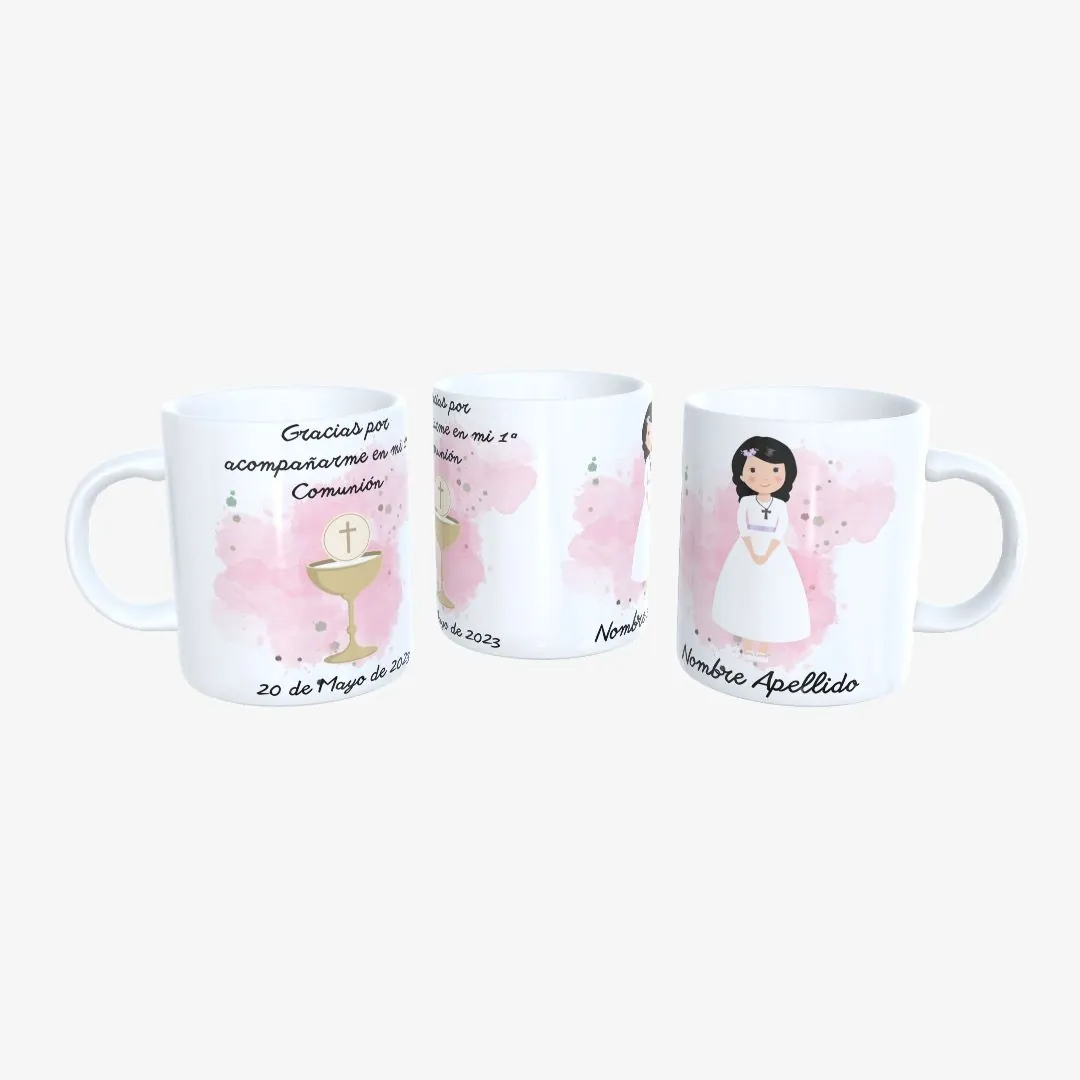 Taza Primera Comunión Niña Fondo Rosa y Cáliz.