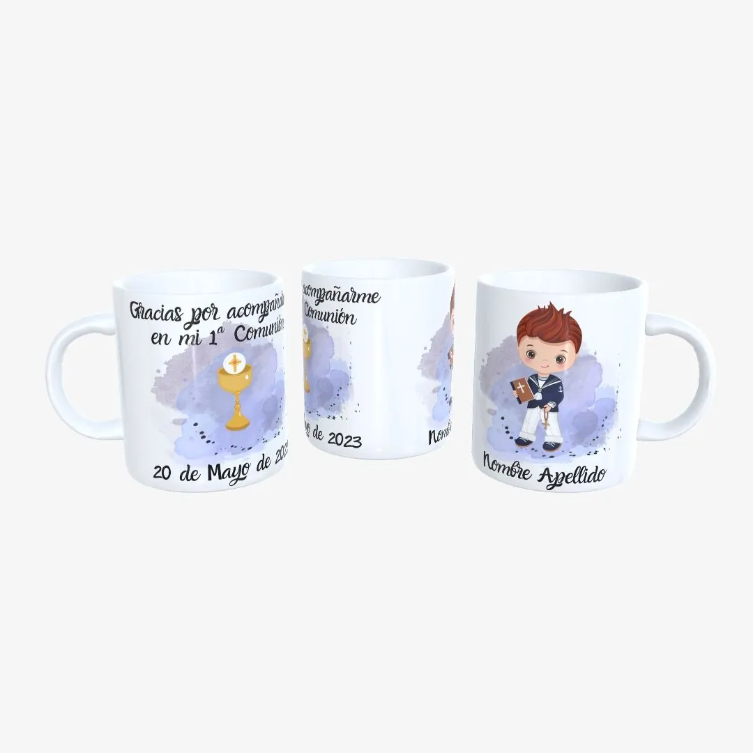 Taza Comunión Niño Marinero Fondo Azul y Cáliz.