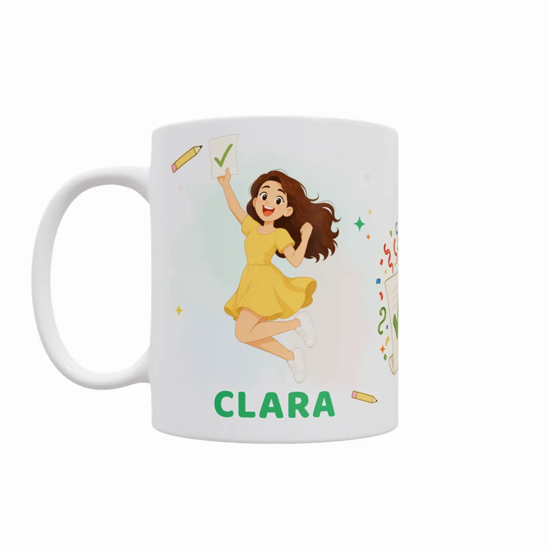 Taza ¡Aprobé! Ya Tengo Plaza, modelo chica 01 con su nombre debajo