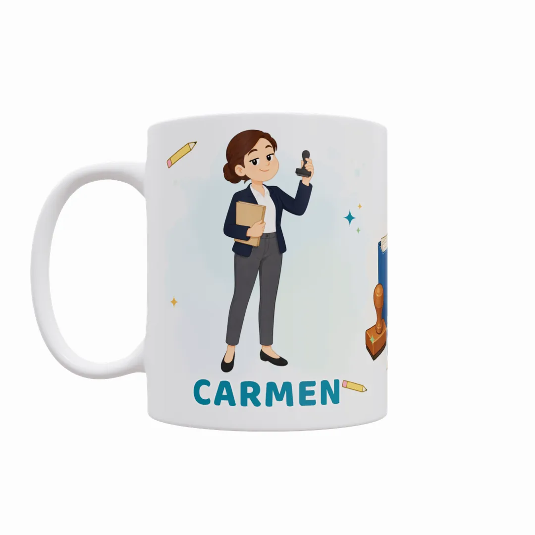 Taza Futuro/a Funcionario/a, modelo chica 01 con su nombre debajo