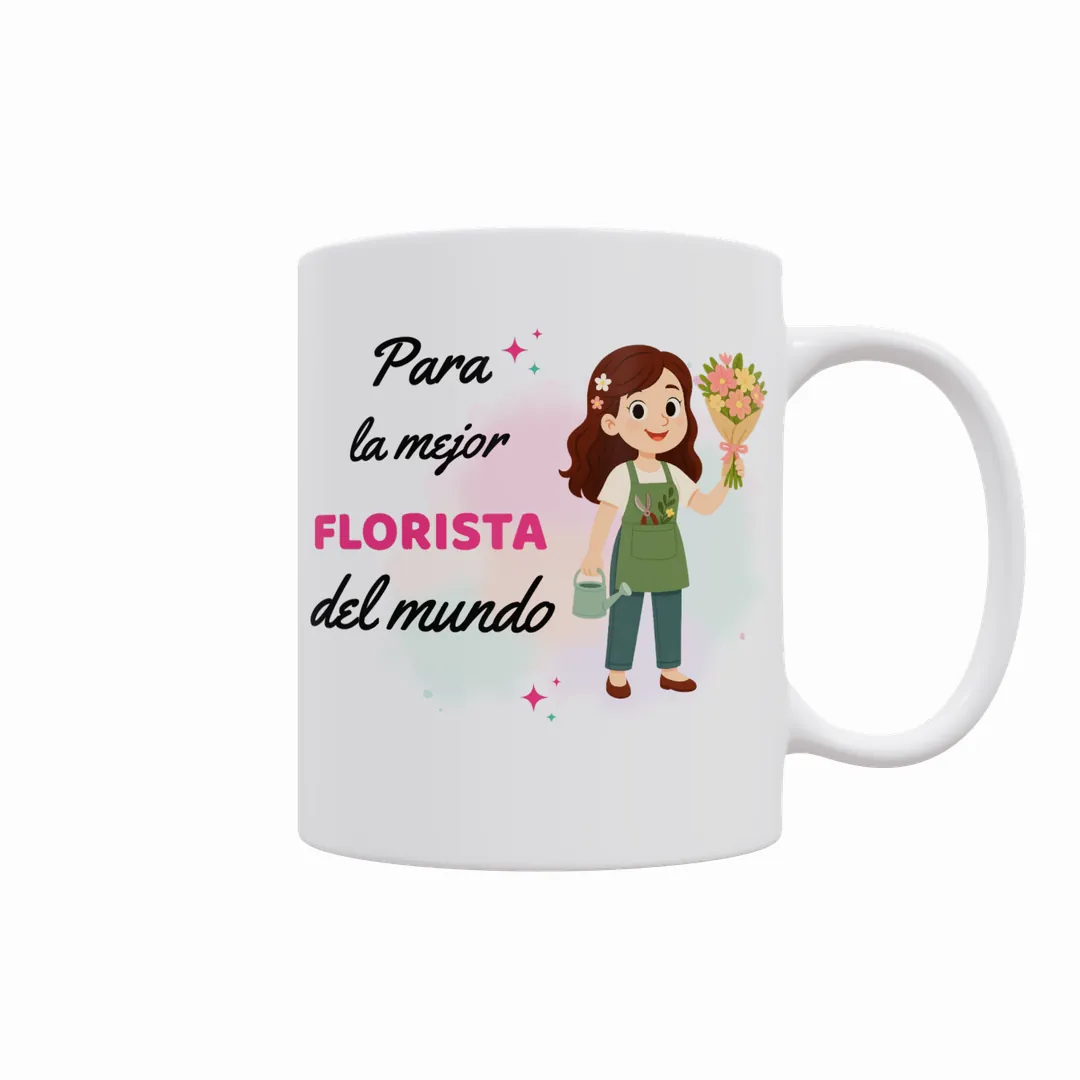 Taza Mejor Florista del Mundo, modelo chica 01 con ramo de flores