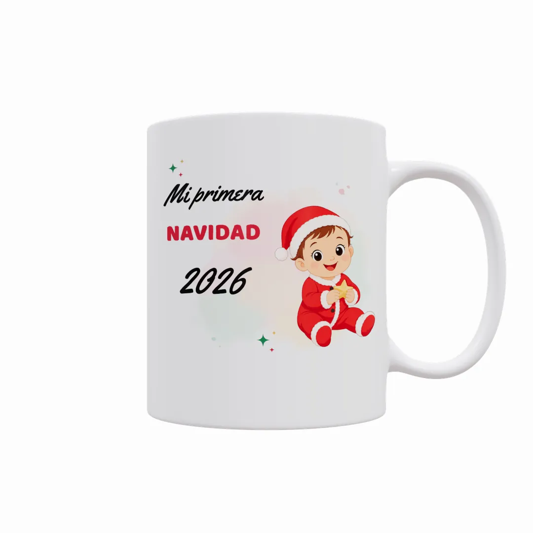 Taza Mi Primera Navidad 2026 con un bebé en pijama de Papá Noel