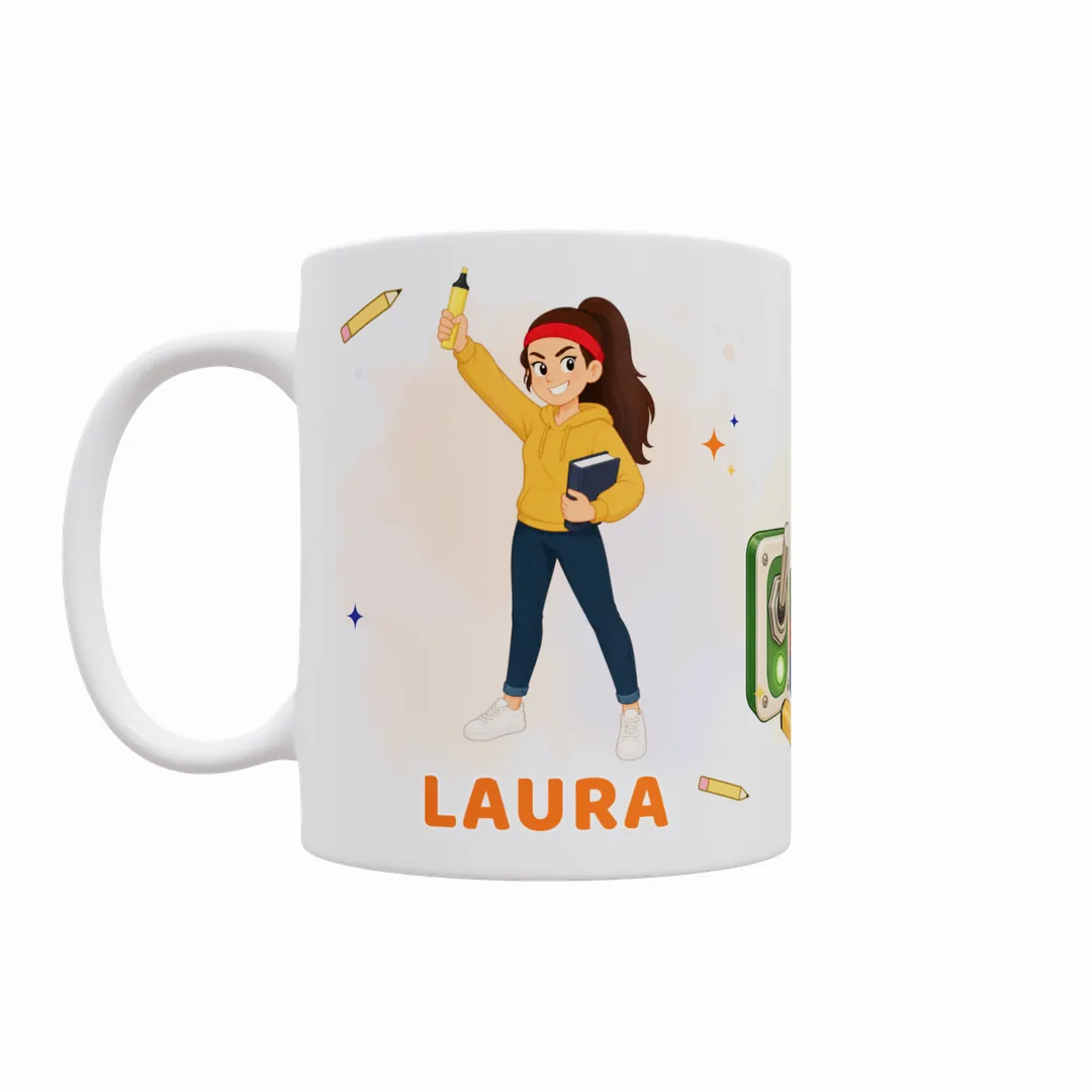Taza Modo Opositor/a: ON, modelo chica 01 con su nombre debajo