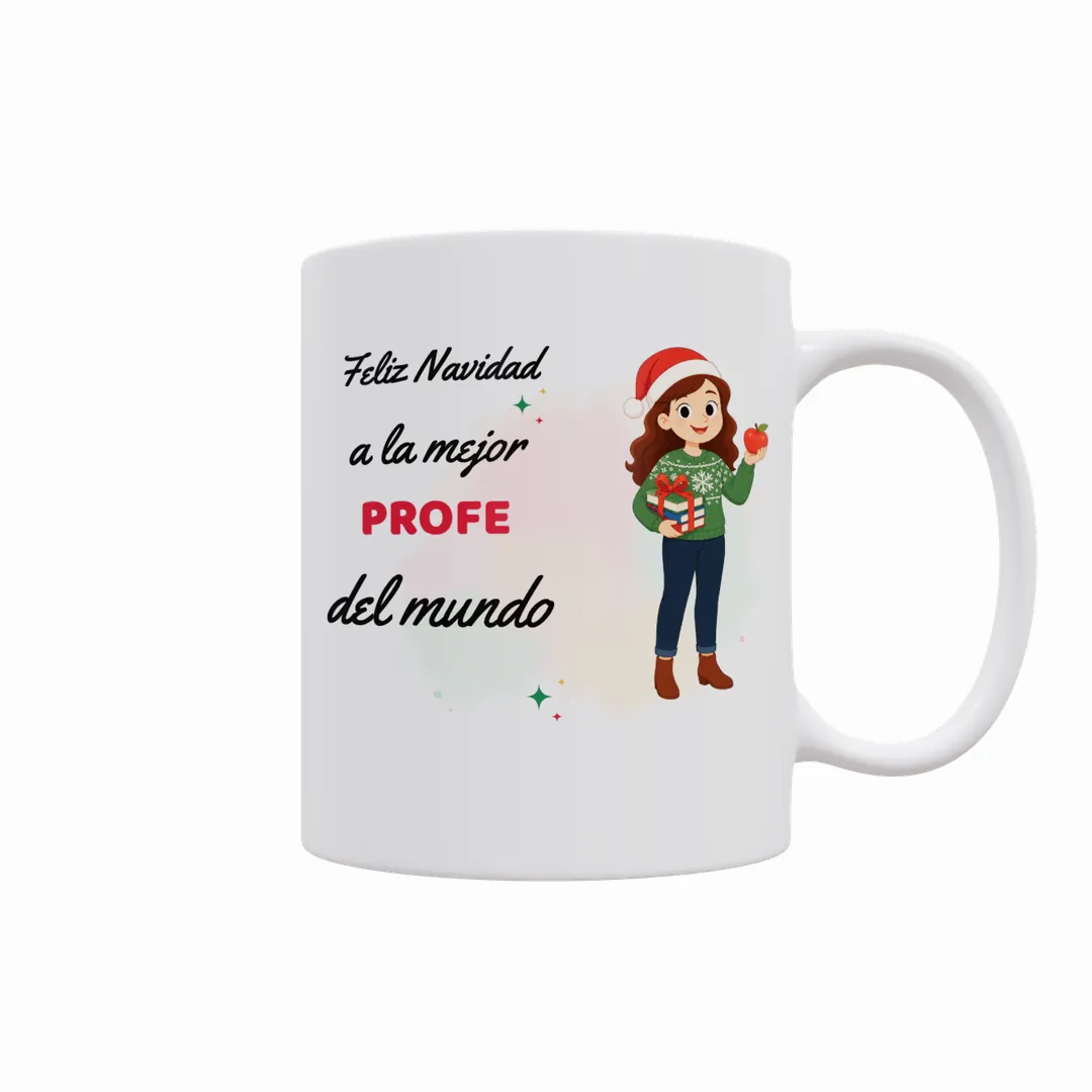 Taza Feliz Navidad a la Mejor Profe del Mundo con una profe con gorro de Papá Noel, regalo y manzana