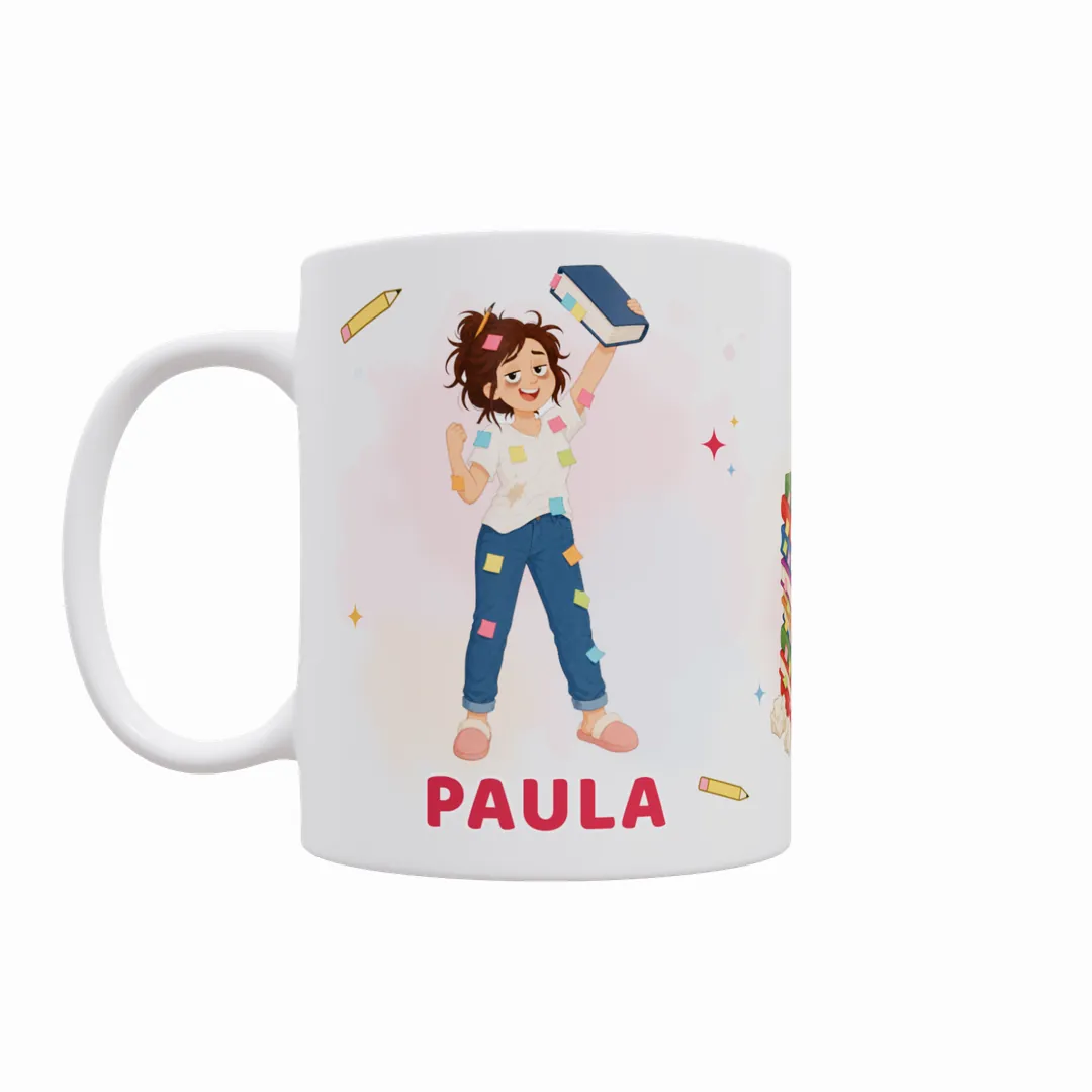 Taza Sobreviví al Temario, modelo chica 01 con su nombre debajo