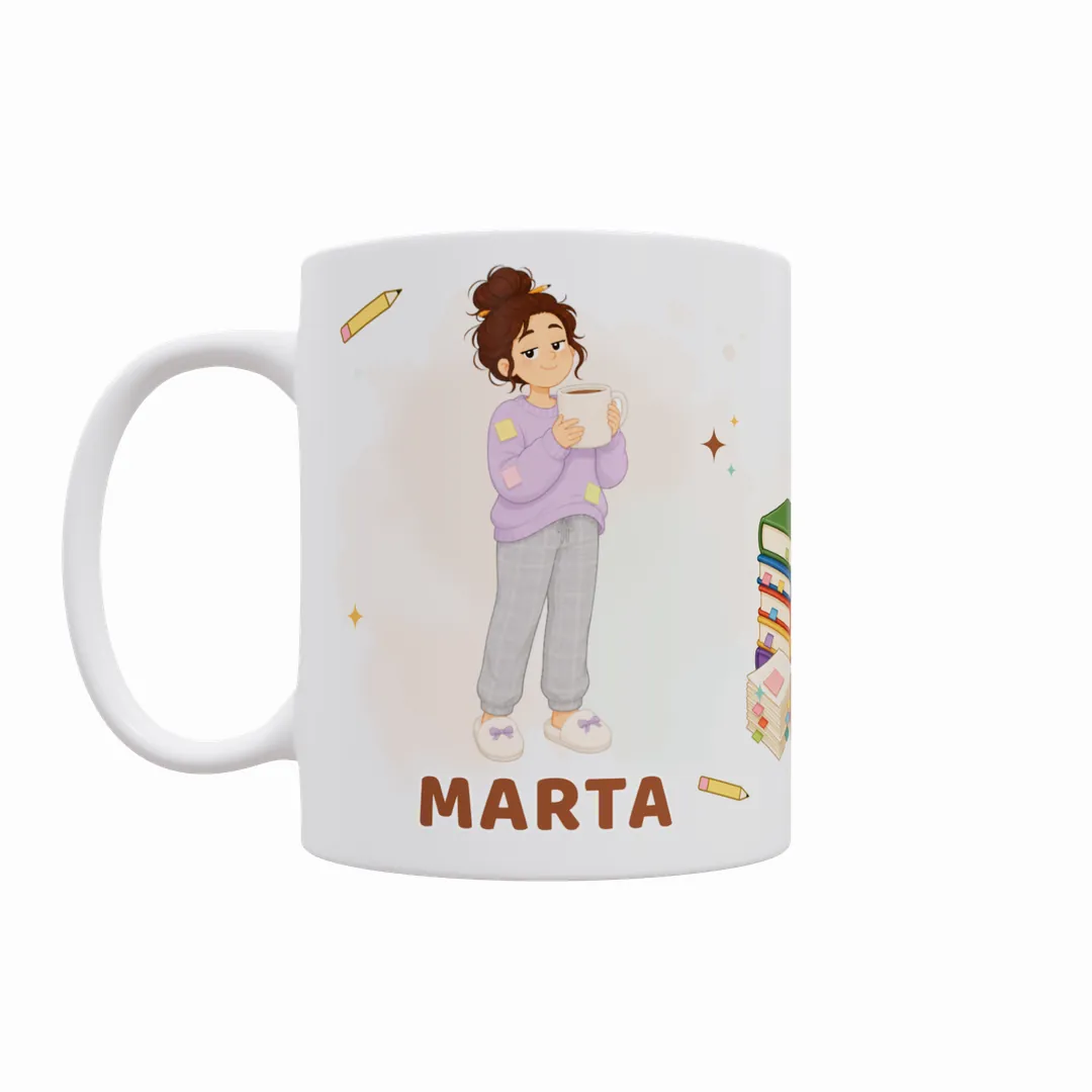 Taza Temario, Café y Fe, modelo chica 01 con su nombre debajo
